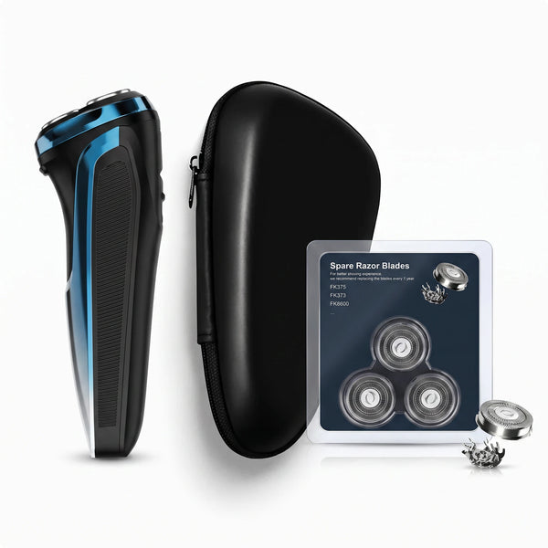 Electric razor, replacement heads and travel case