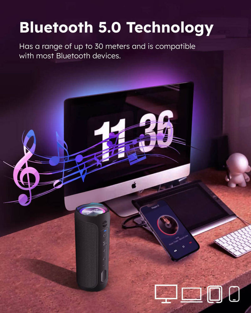 Bluetooth Speaker / Powerful Stereo Sound / IPX7 Waterproof / Handsfree / Optional LED Light / 20H Battery Life